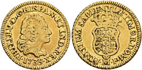 SPAIN, Reino de España. Felipe V, second reign, 1724-1746. Escudo 1735 M JF (Gold, 17 mm, 3.35 g, 12 h), Madrid. PHILIP·V·D·G·HISPAN·ET IND·REX Draped...