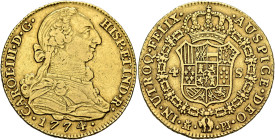 SPAIN, Reino de España. Carlos III, 1759-1788. 4 Escudos 1774 M PJ (Gold, 29 mm, 13.41 g, 12 h), Madrid. CAROL•III•D•G• - HISP•ET IND•R• / •1774• Drap...