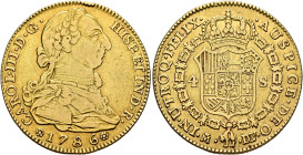 SPAIN, Reino de España. Carlos III, 1759-1788. 4 Escudos 1786 M DV (Gold, 30 mm, 13.37 g, 12 h), Madrid. CAROL•III•D•G• - HISP•ET IND•R• / ✱1786✱ Drap...