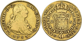 SPAIN, Reino de España. Carlos IV, 1788-1808. 2 Escudos 1793 S CN (Gold, 22 mm, 6.72 g, 12 h), Sevilla (Seville). CAROL•IIII•D•G• HISP•ET IND•R• / •17...