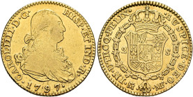 SPAIN, Reino de España. Carlos IV, 1788-1808. 2 Escudos 1797 M MF (Gold, 22 mm, 6.66 g, 12 h), Madrid. CAROL•IIII•D•G• HISP•ET IND•R• / •1797• Draped ...