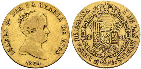 SPAIN, Reino de España. Isabel II, 1833-1868. 80 Reales 1834 M CR (Gold, 21 mm, 6.70 g, 12 h), Madrid. ISABEL 2A. POR LA GRACIA DE DIOS. / 1834. Bare ...