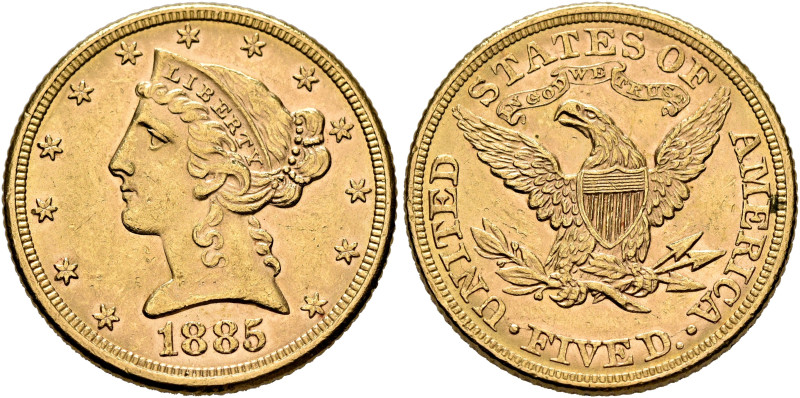 UNITED STATES. 1776-pres. 5 Dollars 1885 (Gold, 22 mm, 8.37 g, 6 h), Coronet Hea...