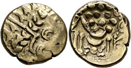 BRITAIN. Belgae. Uninscribed, circa 65-40 BC. Stater (Electrum, 18 mm, 6.09 g), Chute type (British B). Devolved head of Apollo to right. Rev. Disjoin...