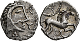 BRITAIN. Iceni. Uninscribed, circa 65-1 BC. Unit (Silver, 14 mm, 1.24 g, 3 h), Norfolk God (Icenian O) type. Celticized head right; traces of two tref...