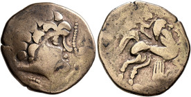 NORTHWEST GAUL. "Armoricans". Circa 2nd century BC. Stater (Electrum, 21 mm, 6.28 g, 3 h). Celticized male head to right. Rev. Celticized rider on hor...