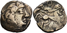 NORTHWEST GAUL. "Armoricans". Circa 2nd century BC. Stater (Electrum, 21 mm, 6.12 g, 12 h). Celticized male head to right. Rev. Celticized rider on ho...