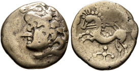 NORTHWEST GAUL. Carnutes. Circa 100-50 BC. 1/4 Stater (Electrum, 13 mm, 1.60 g, 11 h), 'à la branche fleurie' type. Celticized laureate head of Apollo...
