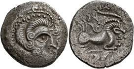 NORTHWEST GAUL. Coriosolites. Circa 100-50 BC. Stater (Billon, 22 mm, 6.31 g, 7 h), 'au nez pointé' type. Celticized male head to right, the hair in l...