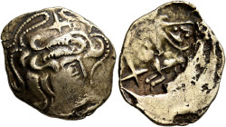 NORTHWEST GAUL. Osismii. Late 2nd to mid 1st century BC. Stater (Electrum, 24 mm, 7.03 g, 12 h), 'au personnage couché' type. Celticized head of Apoll...