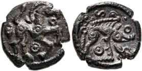 NORTHEAST GAUL. Ambiani. Circa 50-30 BC. AE (Bronze, 14 mm, 2.30 g, 3 h). Horse prancing right; torque before, pellets and annulets around. Rev. Boar ...