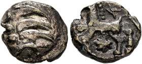 NORTHEAST GAUL. Remi (?). Late 2nd-mid 1st century BC. 1/4 Stater (Electrum, 12 mm, 1.35 g). Stylized head to left. Rev. Horse springing left; below, ...
