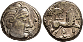CENTRAL GAUL. Lemovices. Late 2nd to early 1st century BC. Stater (Electrum, 17 mm, 6.59 g, 3 h), 'à la grue et au trèfle' type. Male head to right; b...
