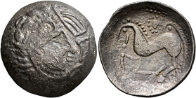CARPATHIAN REGION. Uncertain tribe. Late 2nd-1st century BC. Tetradrachm (Billon, 28 mm, 7.64 g, 12 h), 'Herakleskopf' type. Celticized head of Herakl...