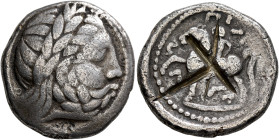 MIDDLE DANUBE. Uncertain tribe. Circa 3rd century BC. Tetradrachm (Silver, 25 mm, 13.64 g, 3 h), 'Ohrlocke' type, imitating Philip II of Macedon. Celt...