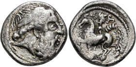 MIDDLE DANUBE. Uncertain tribe. Late 3rd to early 2nd century BC. Tetradrachm (Silver, 25 mm, 12.91 g, 1 h), 'Doppeltriskeles' type. Celticized laurea...
