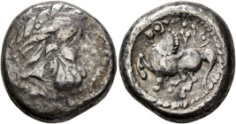 MIDDLE DANUBE. Uncertain tribe. 2nd century BC. Tetradrachm (Silver, 21 mm, 12.10 g, 12 h), 'Dachreiter' type. Celticized laureate head of Zeus to rig...