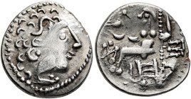LOWER DANUBE. Uncertain tribe. Circa 2nd century BC. Drachm (Silver, 16 mm, 2.23 g, 6 h), imitating Philip III of Macedon. Celticized male head to rig...