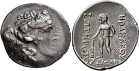 LOWER DANUBE. Imitations of Thasos. Late 2nd-1st century BC. Tetradrachm (Silver, 33 mm, 16.41 g, 1 h). Head of Dionysos to right, wearing wreath of i...