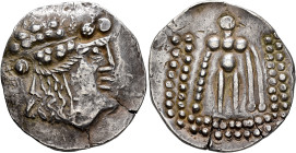 LOWER DANUBE. Imitations of Thasos. Late 2nd-1st century BC. Tetradrachm (Silver, 33 mm, 16.51 g, 1 h). Celticized head of Dionysos to right, wearing ...