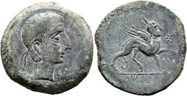 SPAIN. Castulo. Late 2nd century BC. AE (Bronze, 31 mm, 19.51 g, 3 h). Diademed male head right; to right, [hand]. Rev. 'Kastilo' (in Celtiberian) Gri...
