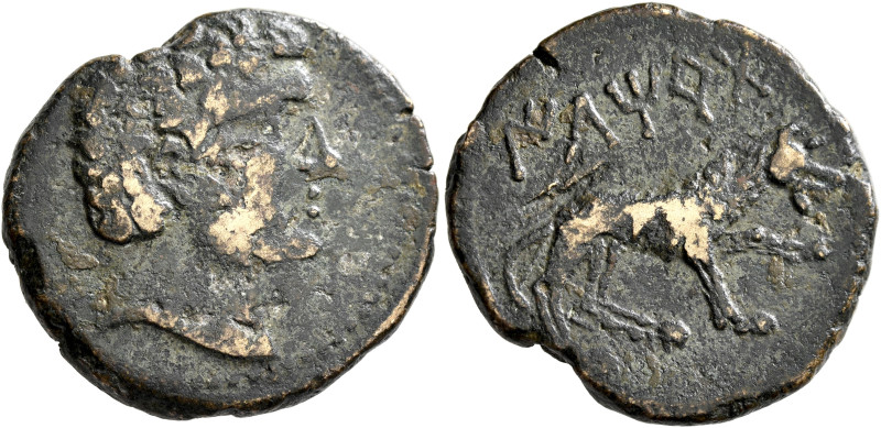 SPAIN. Iltirta (Ilerda). 80-72 BC. As (Bronze, 25 mm, 9.24 g, 5 h). Male head to...