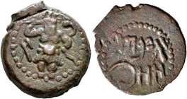 ISLANDS OFF SPAIN, Ebusus. Late 2nd-early 1st centuries BC. Semis (Bronze, 22 mm, 6.40 g, 9 h). Bes standing facing, holding mace in his right hand an...