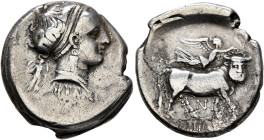 CAMPANIA. Neapolis. Circa 300 BC. Didrachm or Nomos (Silver, 20 mm, 7.38 g, 7 h). [APTEMI] Head of a nymph right; to left, Artemis standing facing, ho...