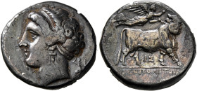 CAMPANIA. Neapolis. Circa 300 BC. Didrachm or Nomos (Silver, 20 mm, 6.95 g, 11 h). Diademed head of a nymph to left, wearing pendant erring and pearl ...