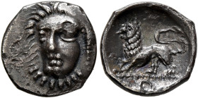 CAMPANIA. Phistelia. Circa 325-275 BC. Obol (Silver, 11 mm, 0.61 g, 8 h). Female head facing slightly to left, wearing pearl necklace. Rev. Lion stand...
