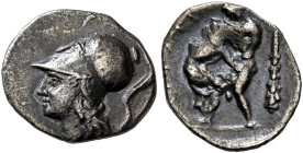 APULIA. Teate. Circa 325-275 BC. Diobol (Silver, 11 mm, 0.76 g, 11 h). Head of Athena to left, wearing crested Corinthian helmet decorated with a grif...