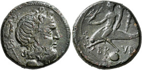 CALABRIA. Brundisium. Circa 215 BC. Uncia (Bronze, 22 mm, 9.17 g, 5 h). Laureate head of Poseidon to right; behind, Nike flying to right above trident...