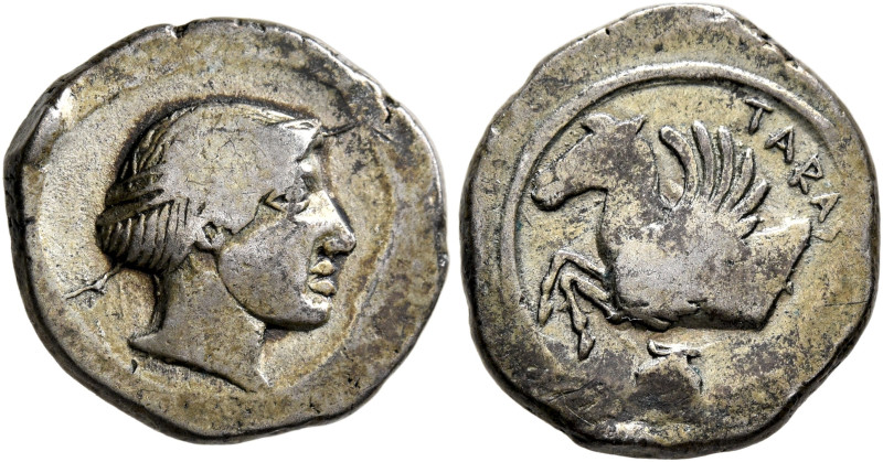 CALABRIA. Tarentum. Circa 470-450 BC. Drachm (Silver, 17 mm, 3.67 g, 2 h). ΤΑRΑΣ...
