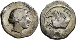 CALABRIA. Tarentum. Circa 470-450 BC. Drachm (Silver, 17 mm, 3.67 g, 2 h). ΤΑRΑΣ Forepart of a hippocamp to left; below, shell. Rev. Head of the nymph...