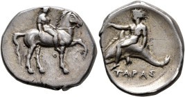 CALABRIA. Tarentum. Circa 365-355 BC. Didrachm or Nomos (Silver, 23 mm, 7.87 g, 9 h). Nude youth on horse prancing right, holding bridles in his left ...