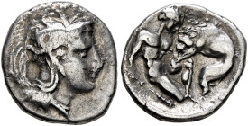 CALABRIA. Tarentum. Circa 380-325 BC. Diobol (Silver, 12 mm, 1.27 g, 6 h). Head of Athena to right, wearing crested Attic helmet adorned with a hippoc...