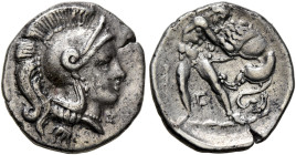 CALABRIA. Tarentum. Circa 325-280 BC. Diobol (Silver, 11 mm, 1.27 g, 5 h). Head of Athena to right, wearing crested Attic helmet. Rev. [ΤΑΡΑΝ] Herakle...