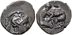 CALABRIA. Tarentum. Circa 325-280 BC. Diobol (Silver, 12 mm, 1.00 g, 8 h). Head of Athena to right, wearing crested Corinthian helmet adorned with Sky...