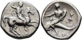 CALABRIA. Tarentum. Circa 280-272 BC. Didrachm or Nomos (Silver, 18 mm, 6.32 g, 10 h). Warrior, holding shield and two spears in his left hand, prepar...