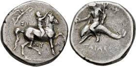 CALABRIA. Tarentum. Circa 280-272 BC. Didrachm or Nomos (Silver, 21 mm, 6.50 g, 1 h), Si..., Ly..., and The..., magistrates. Nude youth on horseback r...
