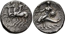 CALABRIA. Tarentum. Circa 280-272 BC. Didrachm or Nomos (Silver, 21 mm, 5.95 g, 1 h), Phy..., Sodamos and Gu..., magistrates. The Dioskouroi riding le...
