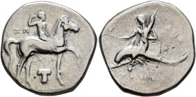 CALABRIA. Tarentum. Circa 280-272 BC. Didrachm or Nomos (Silver, 21 mm, 6.32 g, 12 h), Zo..., Zalo... and Anth..., magistrates. Nude youth riding hors...