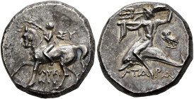 CALABRIA. Tarentum. Circa 272-240 BC. Didrachm or Nomos (Silver, 19 mm, 6.60 g, 4 h), Lykinos and Sy..., magistrates. Nude youth riding horse walking ...