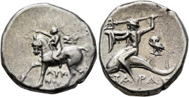 CALABRIA. Tarentum. Circa 272-240 BC. Didrachm or Nomos (Silver, 19 mm, 6.44 g, 2 h), Lykinos and Sy..., magistrates. Nude youth riding horse walking ...