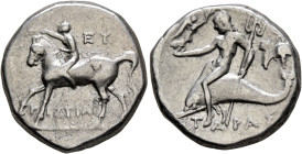 CALABRIA. Tarentum. Circa 272-240 BC. Didrachm or Nomos (Silver, 19 mm, 6.40 g, 9 h), Ey..., Phi... and Tistiar..., magistrates. EY / [ΦI] / T-IΣTIAP ...