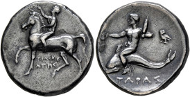 CALABRIA. Tarentum. Circa 272-240 BC. Didrachm or Nomos (Silver, 20 mm, 6.34 g, 6 h), Philokrates, magistrate. ΦIΛOKP/ATHΣ Nude youth on horseback lef...