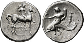 CALABRIA. Tarentum. Circa 272-240 BC. Didrachm or Nomos (Silver, 20 mm, 6.23 g, 11 h), Herakletos and Ep..., magistrates. I-HPAKΛHTOΣ Helmeted warrior...