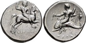 CALABRIA. Tarentum. Circa 272-240 BC. Didrachm or Nomos (Silver, 20 mm, 6.34 g, 9 h), Hippoda... and Di..., magistrates. IΠΠOΔΑ Warrior on horseback g...