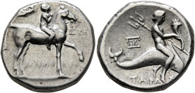 CALABRIA. Tarentum. Circa 272-240 BC. Didrachm or Nomos (Silver, 19 mm, 6.41 g, 2 h), Damokritos and Eu..., magistrates. EY / [ΔAMOK-[PI] Youth on hor...