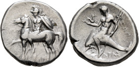 CALABRIA. Tarentum. Circa 272-240 BC. Didrachm or Nomos (Silver, 20 mm, 6.53 g, 10 h), Euph..., Ariston and Zop..., magistrates. Nude warrior, helmete...